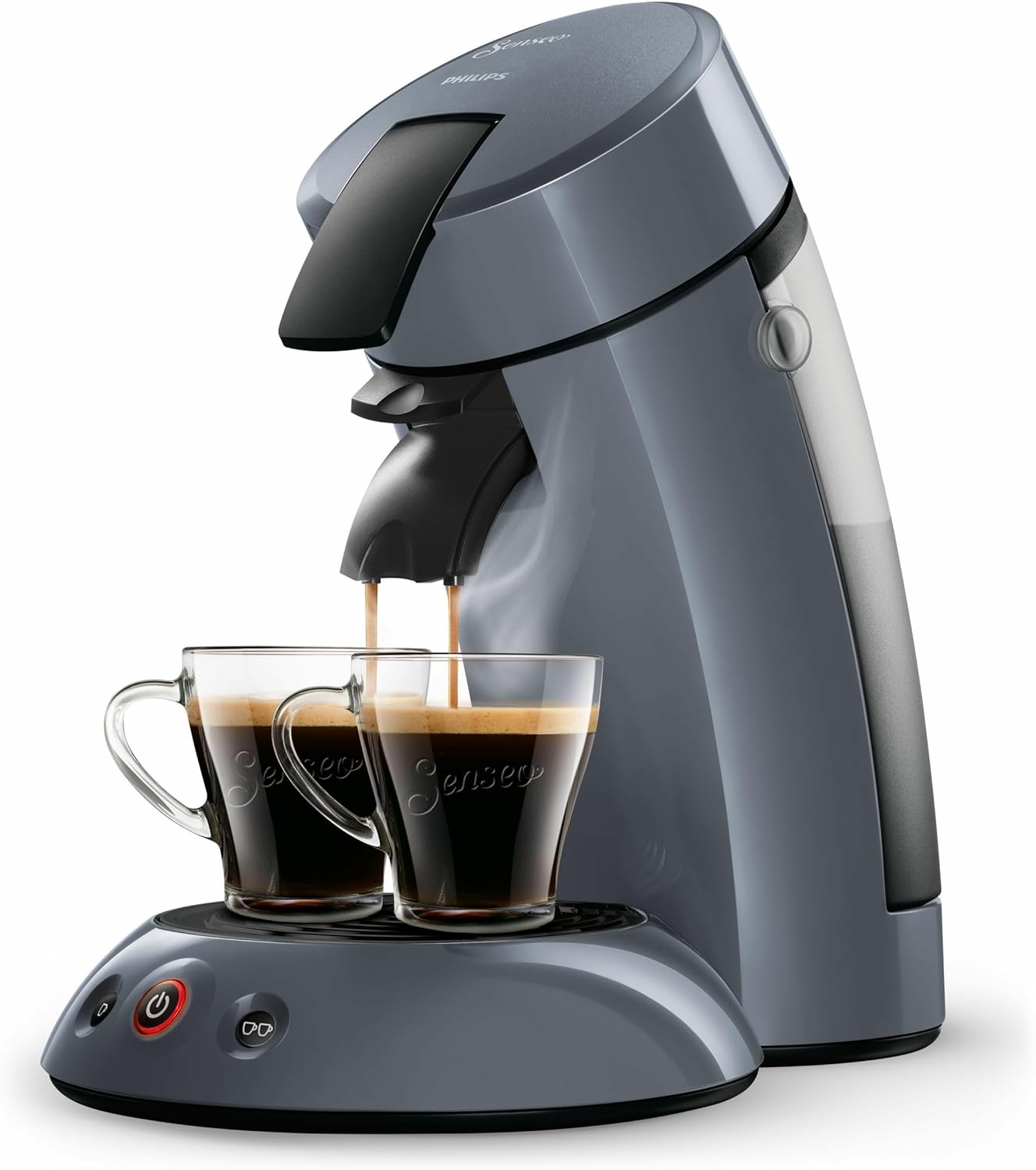 Senseo Original HD7806/51 Coffee Maker from a slightly elevated angle, showing two cups with coffee.