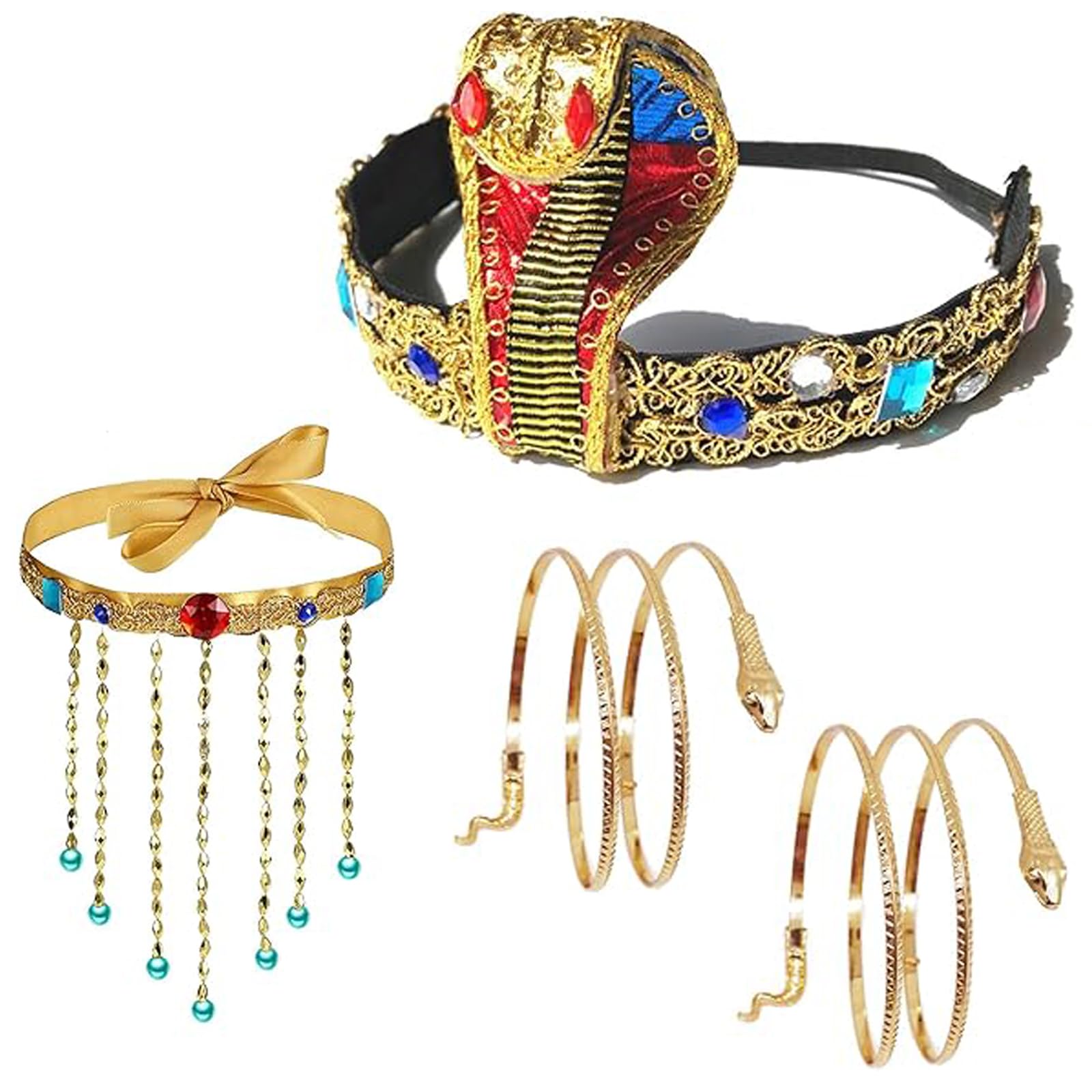 ZPSCXQ 4 Pcs Ancient Egyptian Costume Accessories Set - Includes Egyptian Snake Headband and Gold Necklaces & Snake Bracelet for Kids Women Girls Halloween Carnival Party