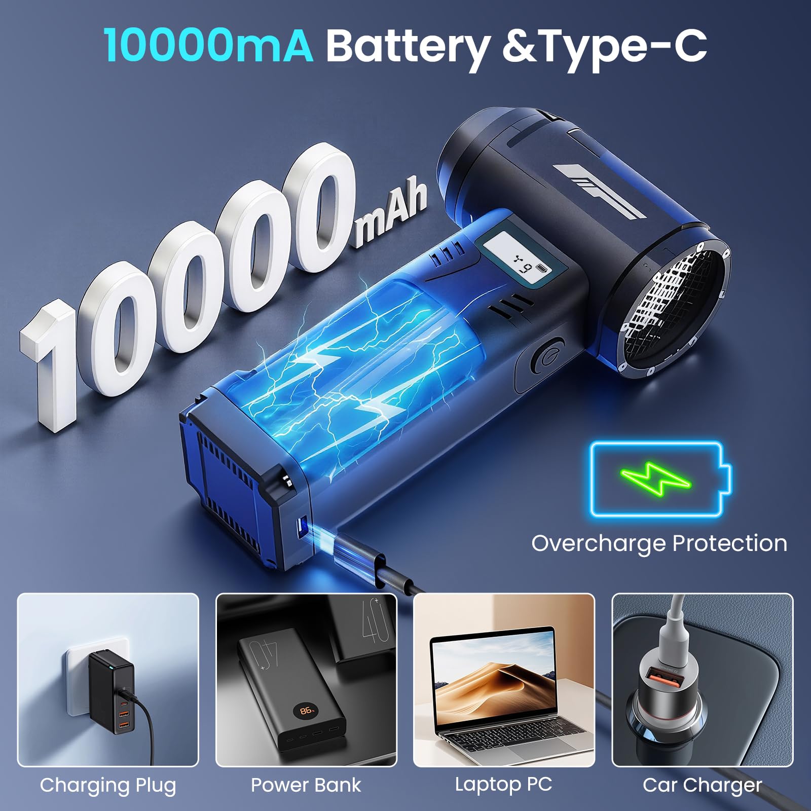 Elektrische Staubgebläse,9-Gang/400W Electric Air Duster 130000 U/min,540g Winddruck,mit LED-Licht&HD-Display, Typ-C Wiederaufladbare,für die Staubentfernung an Computern, im Haushalt, an Fahrzeugen