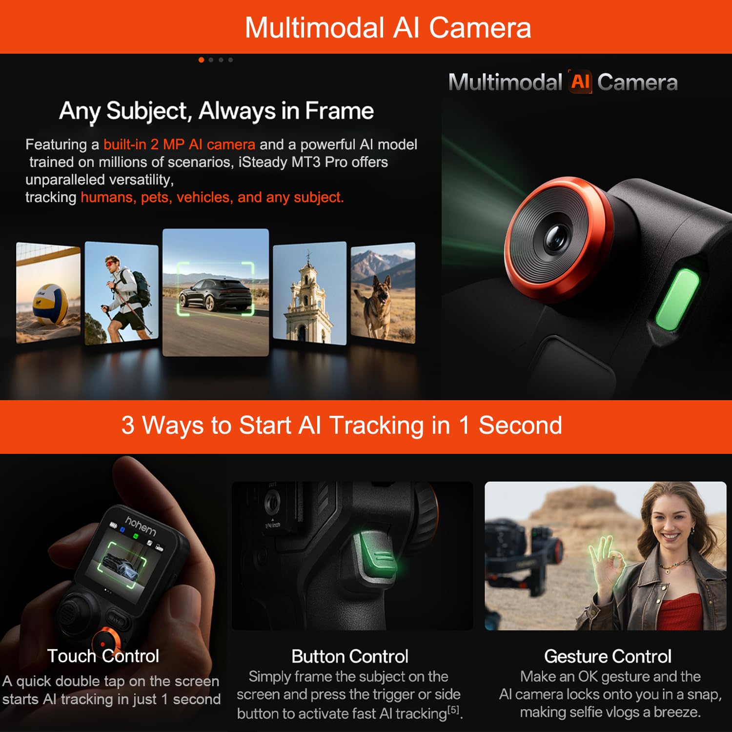 hohem iSteady MT3 Pro Kit avec mini moteur spot et poignée tournante, stabilisateur pour appareils photo Canon, Sony, Panasonic, Nikon, Fujifilm, GoPro, charge utile de 2,5 kg, suivi AI, télécommande