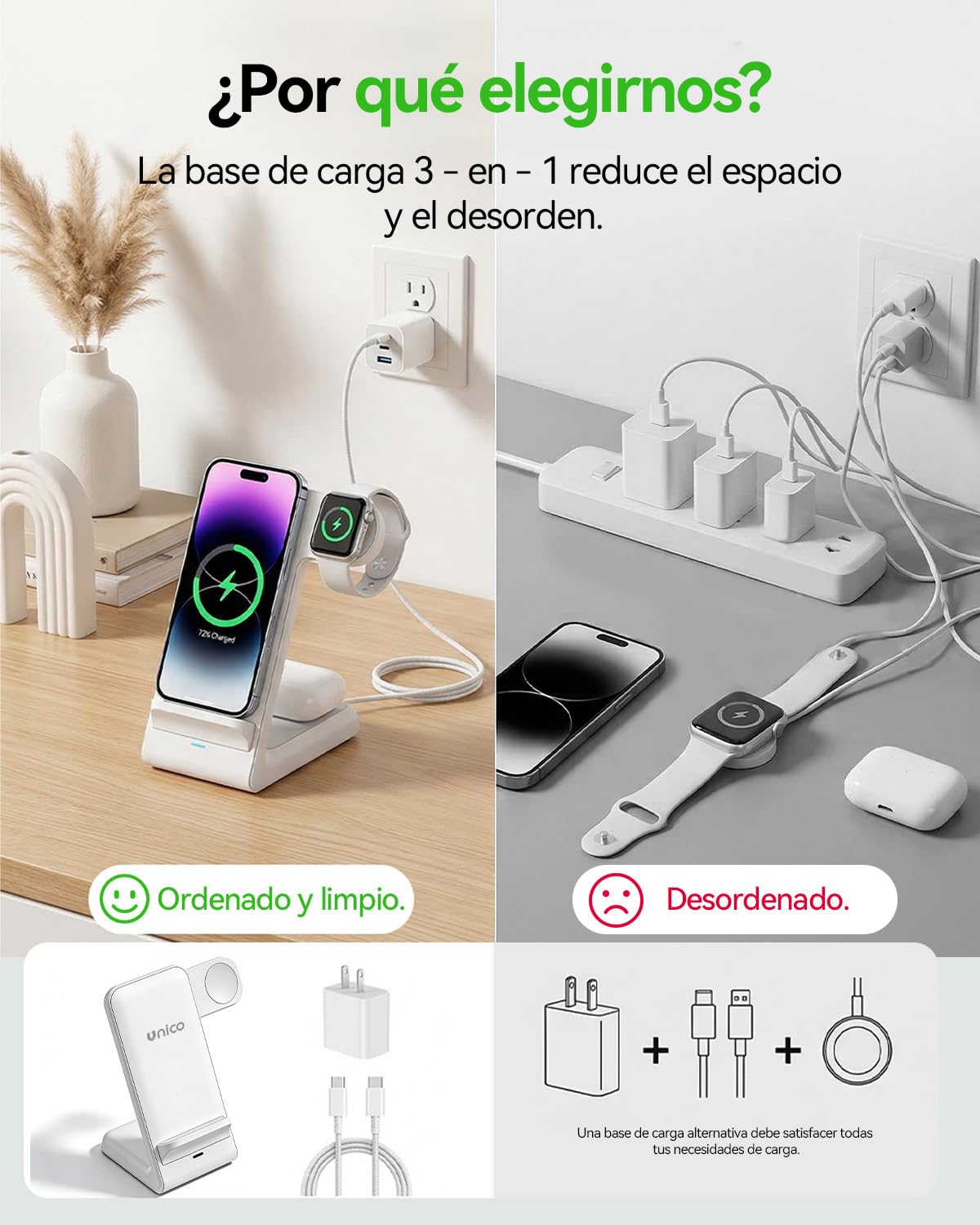 Unico Cargador Inalámbrico 3 en 1 Portátil Rápido 15W con Cable sin Cargador para iPhone 17/16/15/14/13/12 para AirPods para Apple Watch Ultra/SE (Adaptador no Incluido)