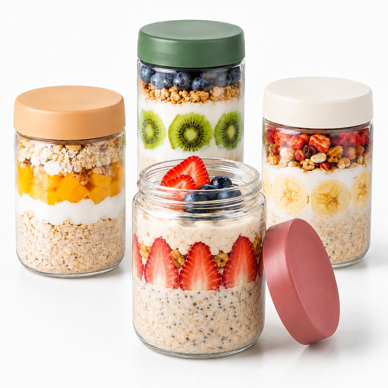 Overnight Oats Jars 4 Pack 500ml Glass Airtight Silicone Seal Stackable