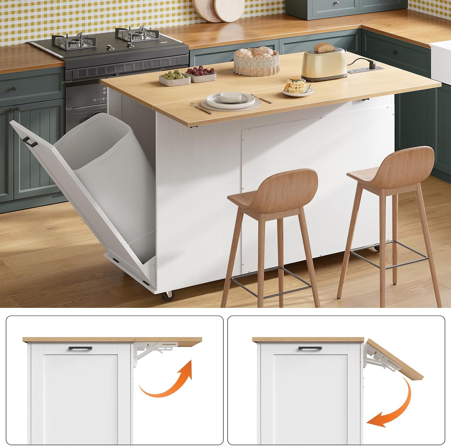 HOOBRO Kitchen Island with Storage, Rolling Kitchen Island with Trash Can Storage, Island Table with Power Outlet & Drop Leaf, Towel Rack, for Dining Room, White and Natural WN50UZD01