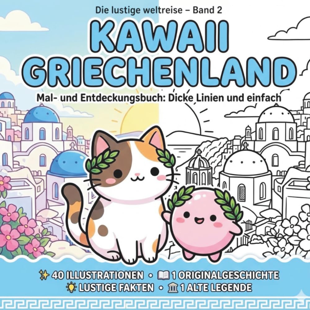 Die lustige weltreise – Kawaii Griechenland - Mal- und Entdeckungsbuch: Mal- und Entdeckungsbuch: Dicke Linien und einfach – Mit 40 Illustrationen, Geschichten, lustigen Fakten & Legenden für Kinder