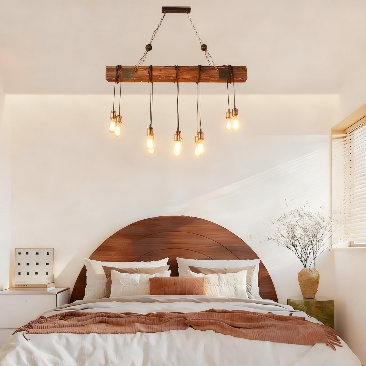 MIXL-Farmhouse Wood Chandelier Light Fixture,10-Lights Rustic Pendant Lamp, Height Adjustable Dining Room Chandeliers, Retro Wooden Hanging Lighting for Restaurant, Kitchen Island, Living Room