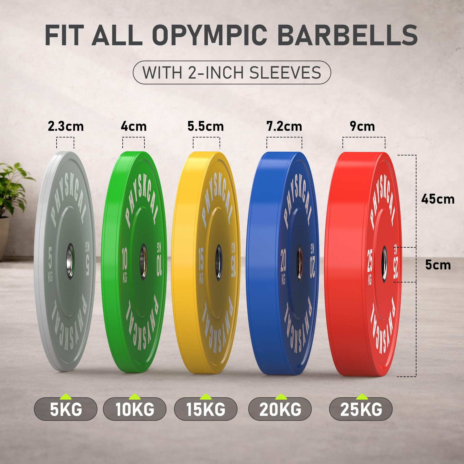 PhysKcal Kolorowe talerze do sztangi z wkładką ze stali nierdzewnej 2", standardowe talerze do sztangi IWF i zestaw tarcz do sztangi frakcyjnej 0,5 kg – 25 kg (e) 2 x 5 kg