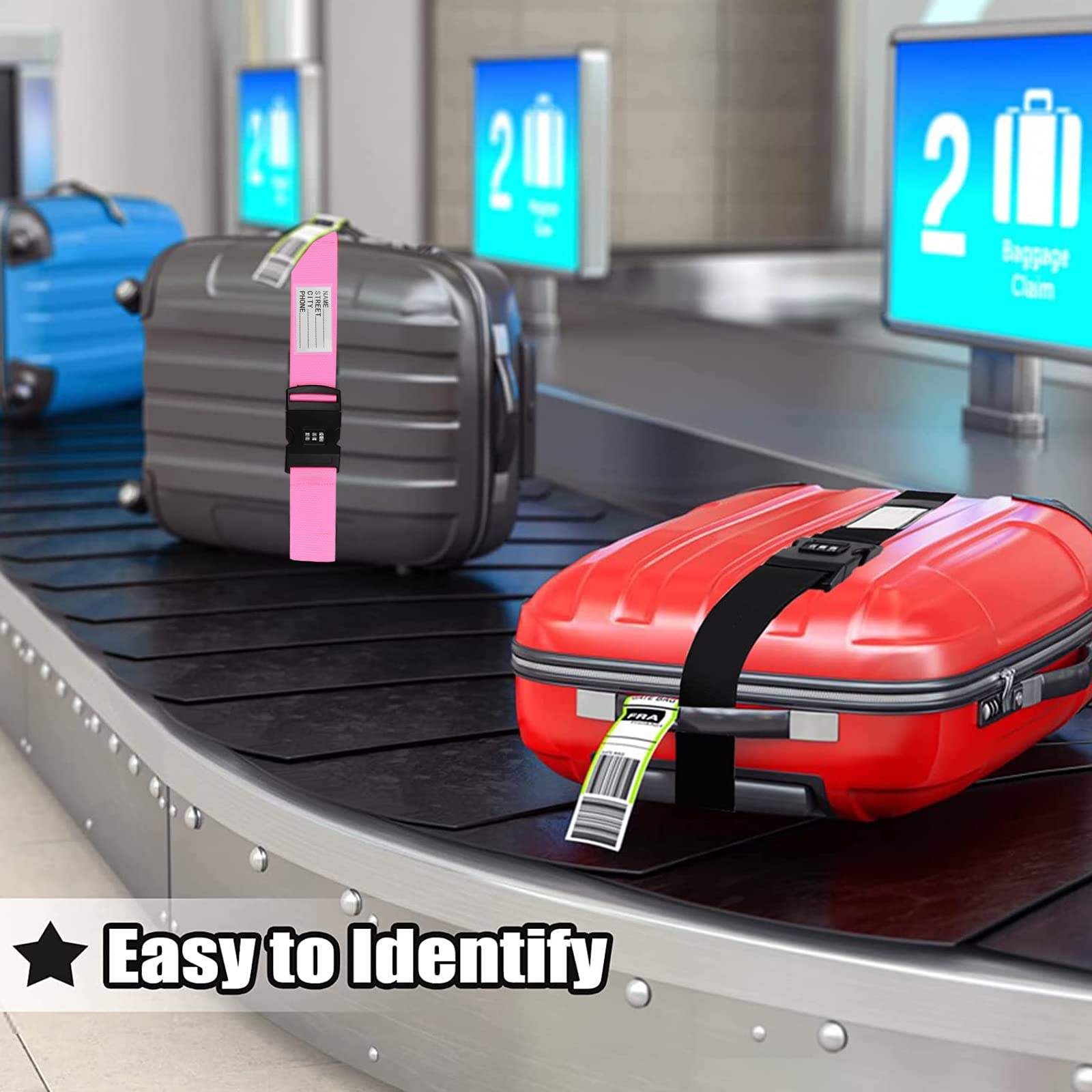 Cinghie per bagagli, 2 cinghie per valigie con blocco password, scheda informativa, accessori da viaggio regolabili, cinture per valigie con fibbia (nero+rosa, set da 2 pezzi