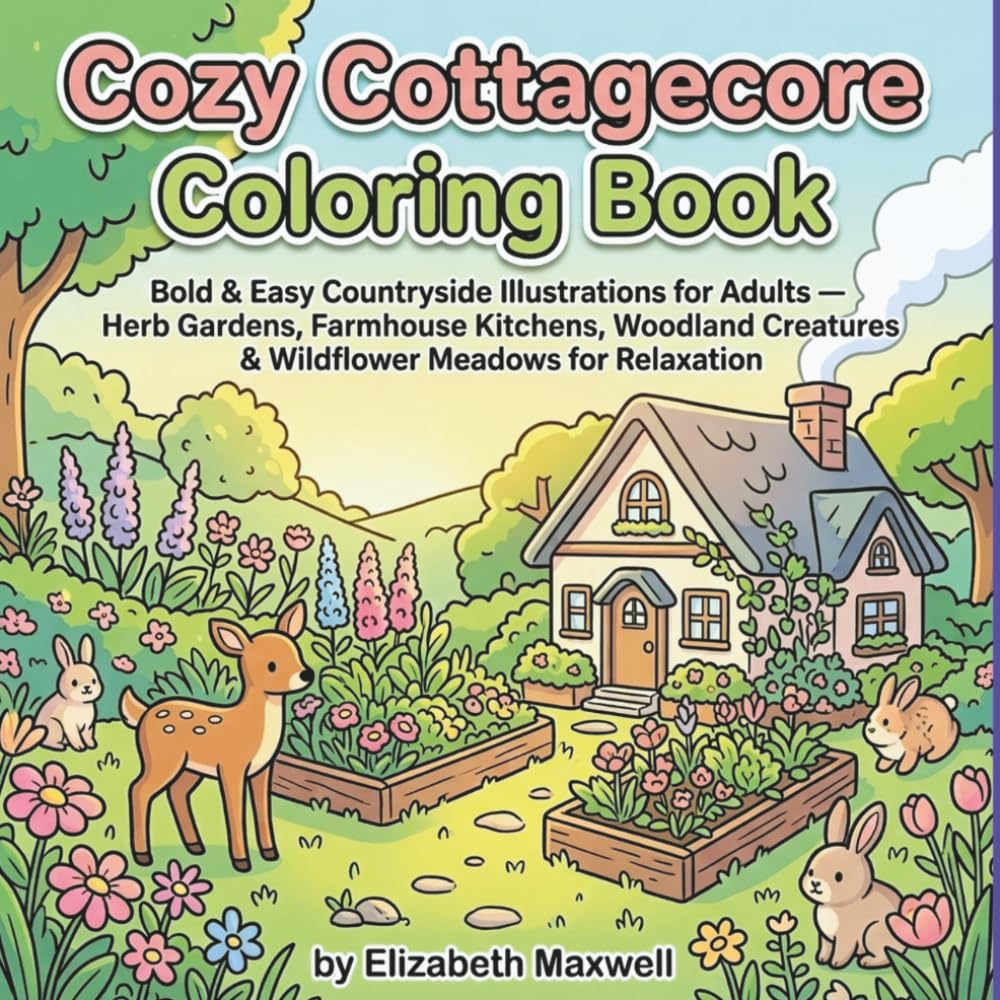 Cozy Cottagecore Coloring Book: Bold & Easy Countryside Illustrations for Adults — Herb Gardens, Farmhouse Kitchens, Woodland Creatures & Wildflower Meadows for Relaxation