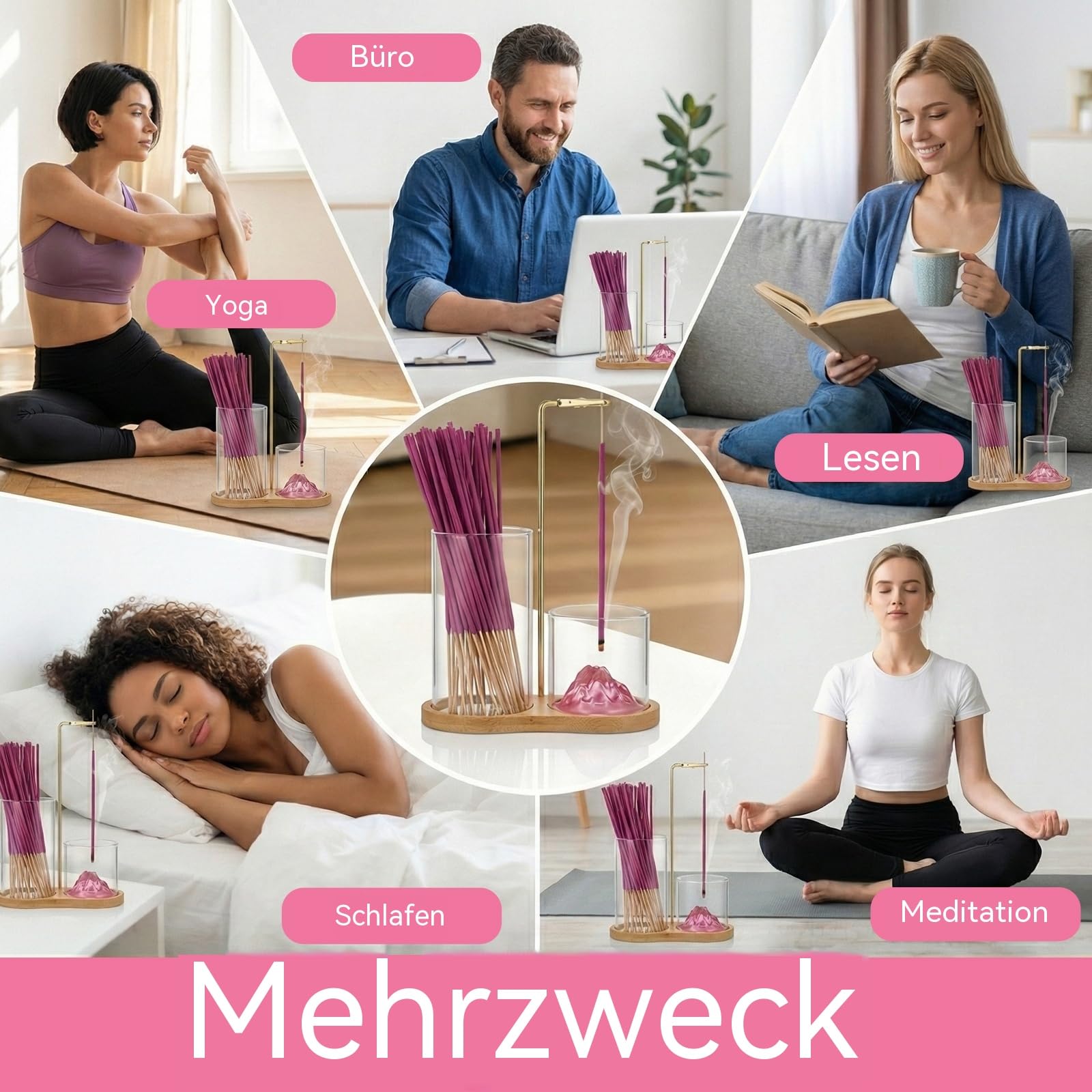 Räucherstäbchenhalter aus Holz mit abnehmbarem Rosa Eschenbecher und kleiner Vasenfunktion, 30 Räucherstäbchen mit Rosenduft, für Meditation, Yoga, Spa, Zen-Dekor und Geschenke
