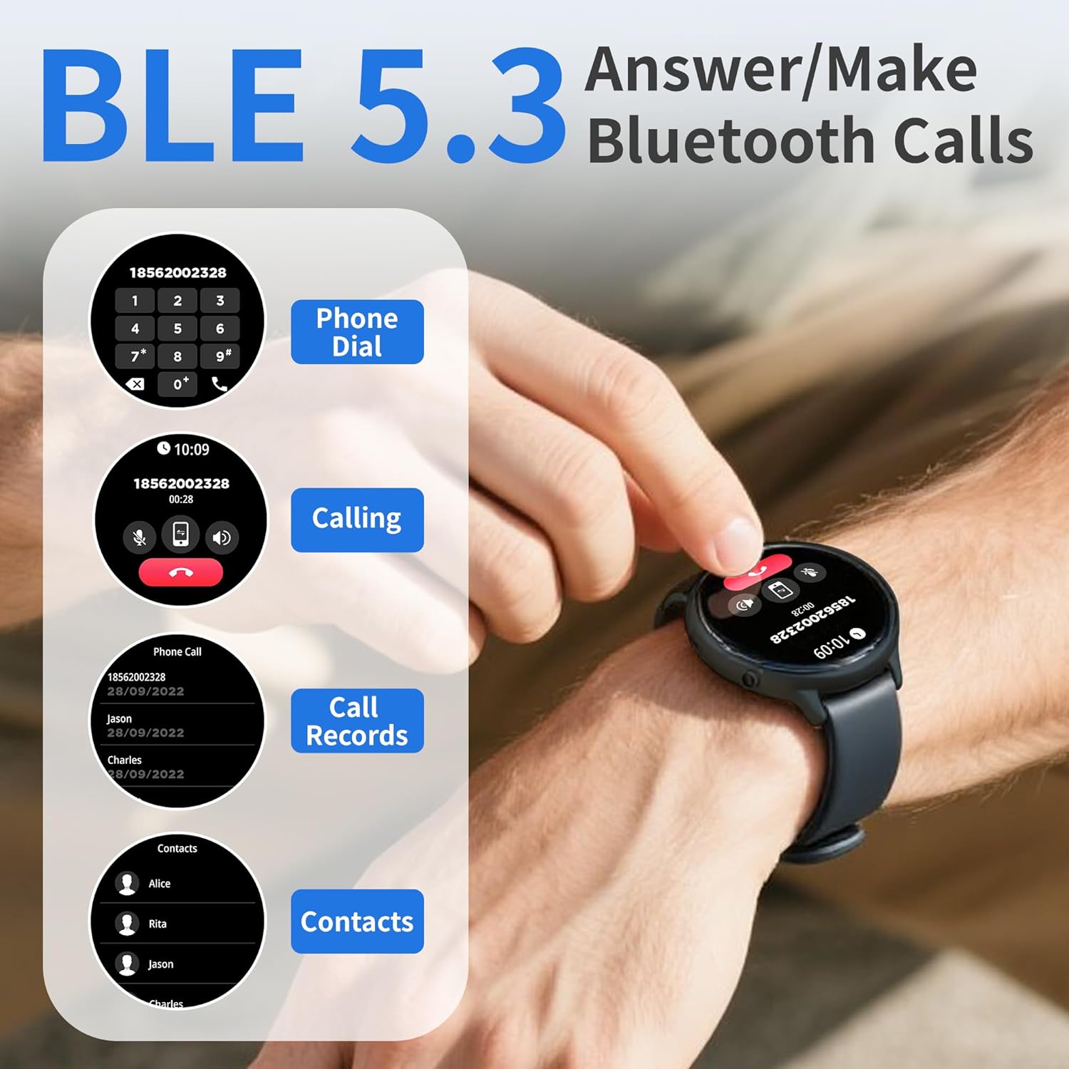 EZON Smart Watch S8 demonstrating Bluetooth calling features with phone dialer, call records, and contacts