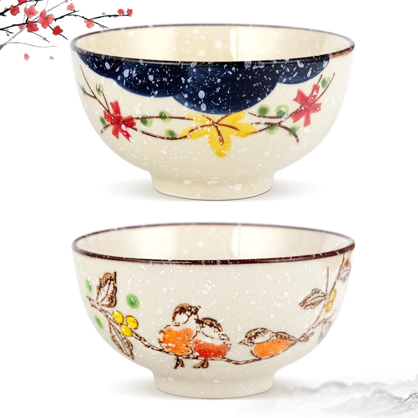 Juego de 2 cuencos de arroz japoneses, cuencos de cerámica florales pintados a mano para cereales, sopa, postre, aperitivos, ideal para regalos y ocasiones