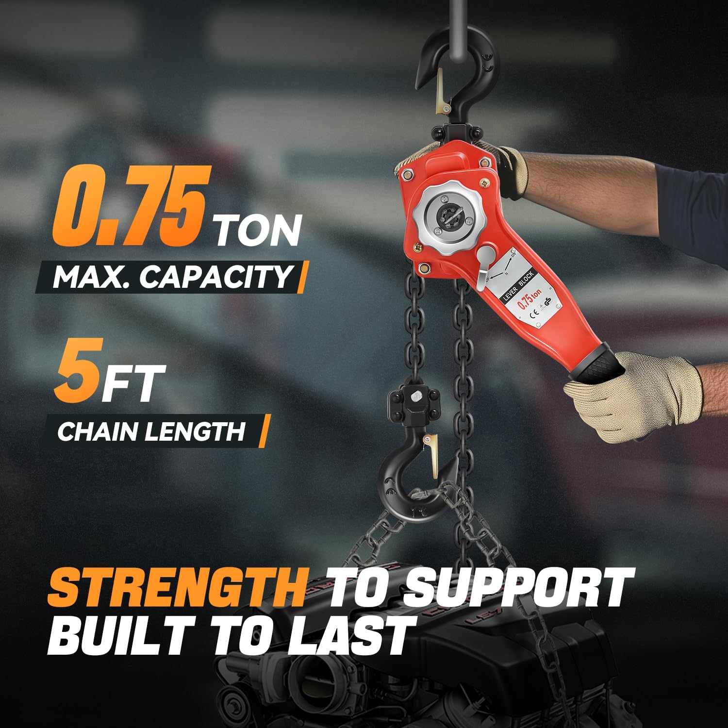 Auto Dynasty Lever Chain Hoist 0.75T/1.5M with G80 Galvanized Signle Chain for Garages Automotive Machinery Warehouse Building