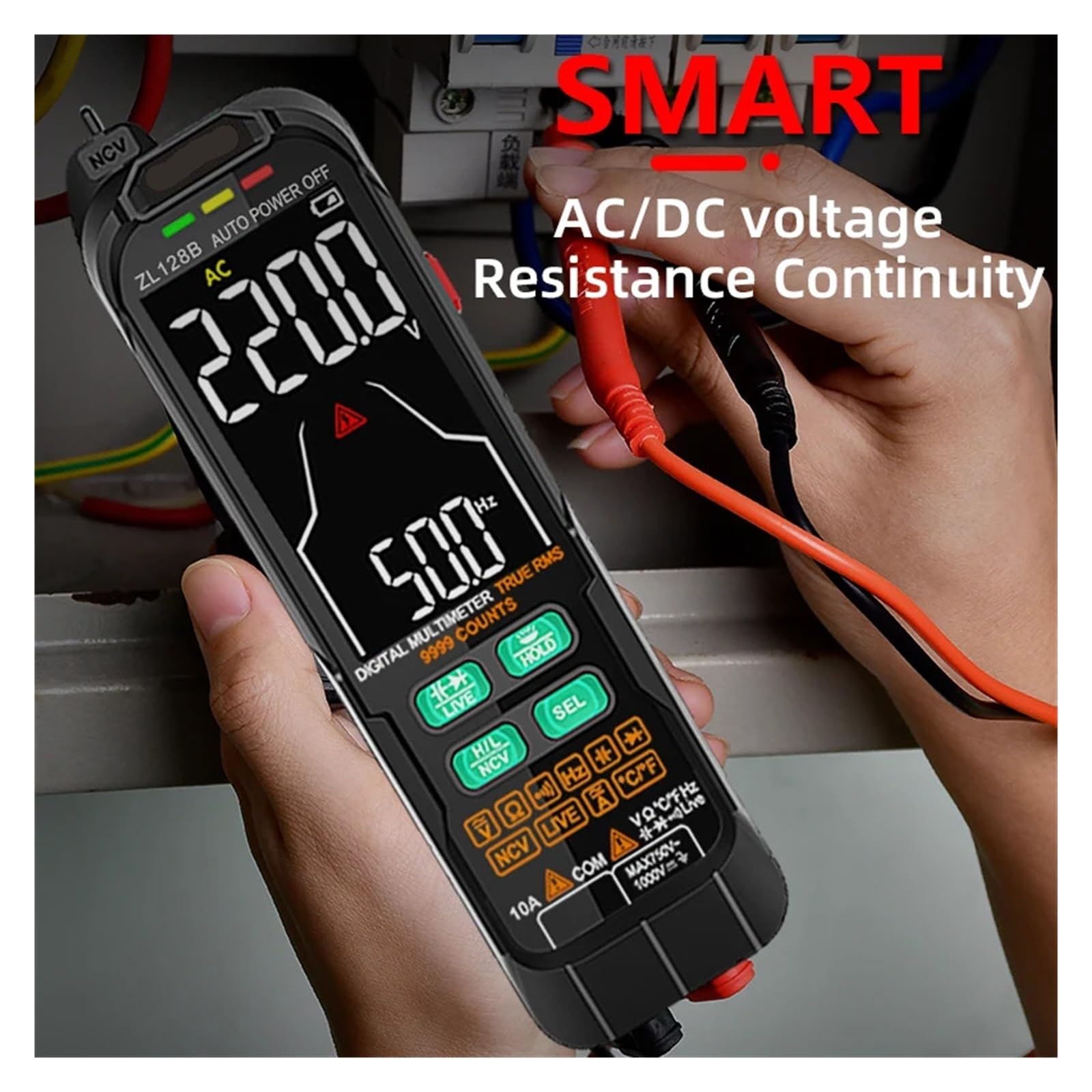 Multimetr cyfrowy 9999 punktów, kolorowy wyświetlacz T-RMS, tester napięcia DC/CA, test pojemności, test diod, test NCV/Hz, tester drutu pod napięciem (liczba ZL128A 9999)