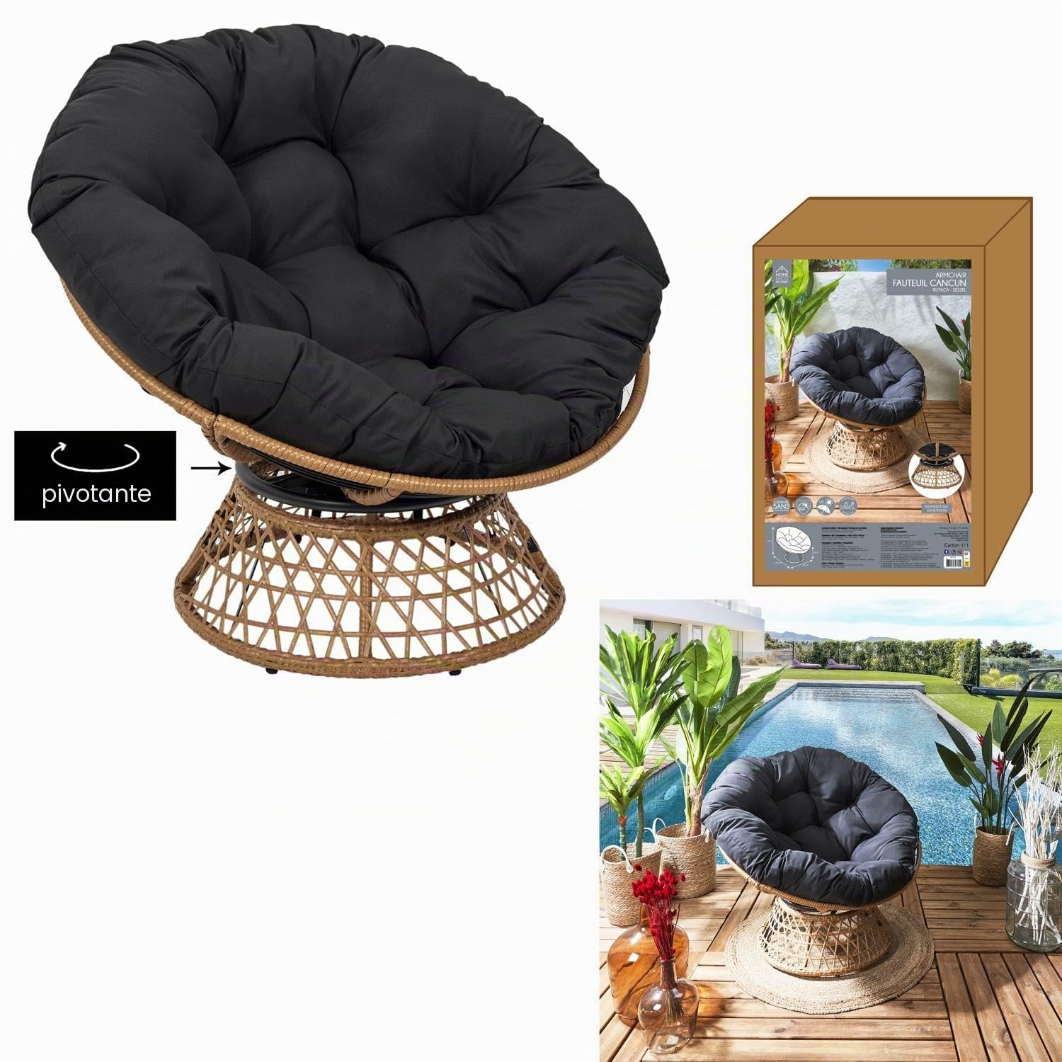 HOME DECO FACTORY, Poltrona girevole per esterni, sedia Relax rotonda, 1 posto girevole a 360°, cuscino spesso grande comfort incluso, mobili da giardino per amenagement balcone, terrazza salotto da