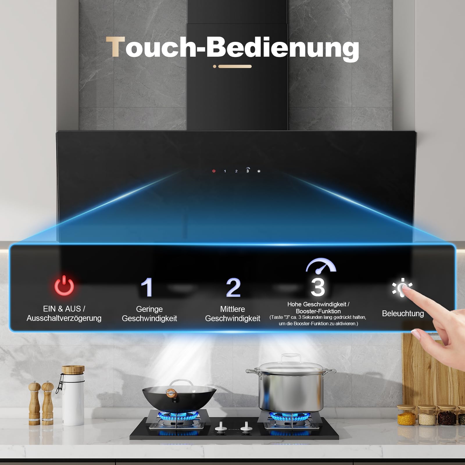 TopStrong Cappa aspirante 90 cm, Cappa Cucina Inclinata 90cm con Filtro a Carboni, 450 m³/h, Ricircolo & Canalizzazione, 3 Livelli di Regolazione + Booster, 58 dB, LED, Nero, Efficienza A+++ - 5