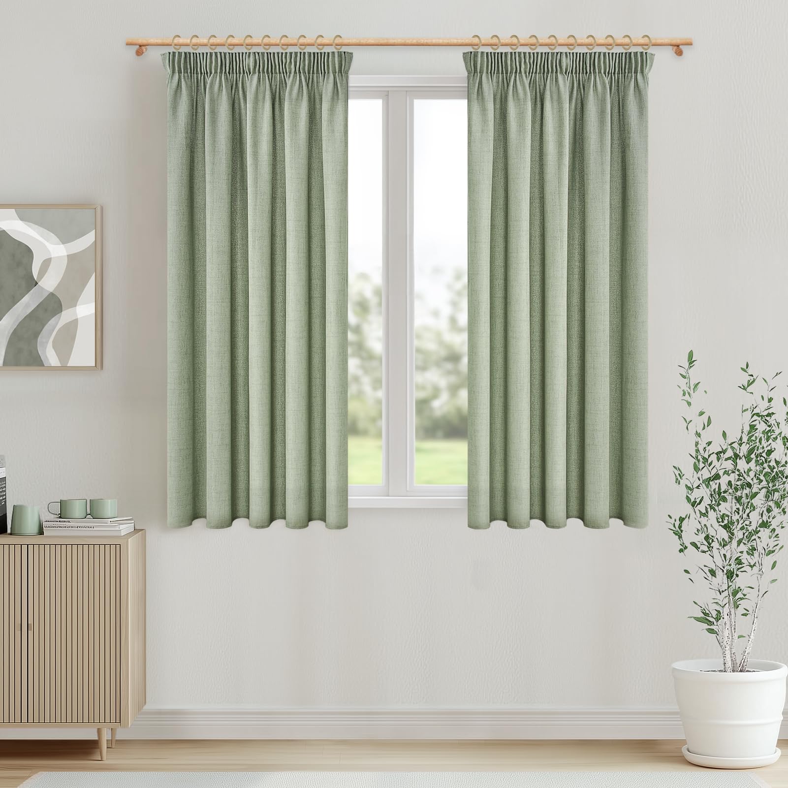 MRTREES Gardinen Halbtransparent Kurz Fenster Vorhang Leinenoptik mit Kräuselband 145 cm Lang 140 cm Breit, Vorhänge Salbeigrün 2er Set für Küche Wohnzimmer Schlafzimmer Kinderzimmer