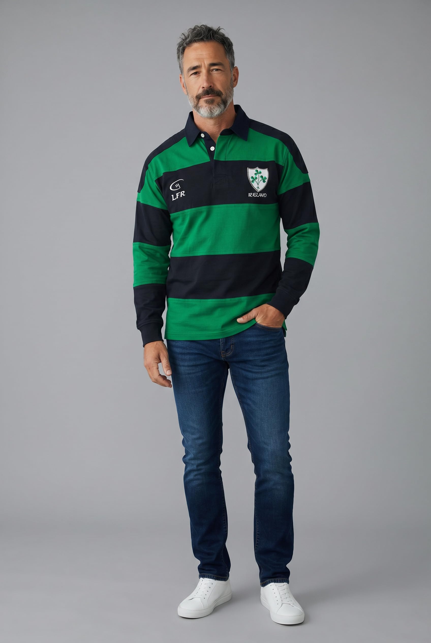 Camicia da rugby irlandese a righe a maniche lunghe con trifoglio verde Kelly, blu