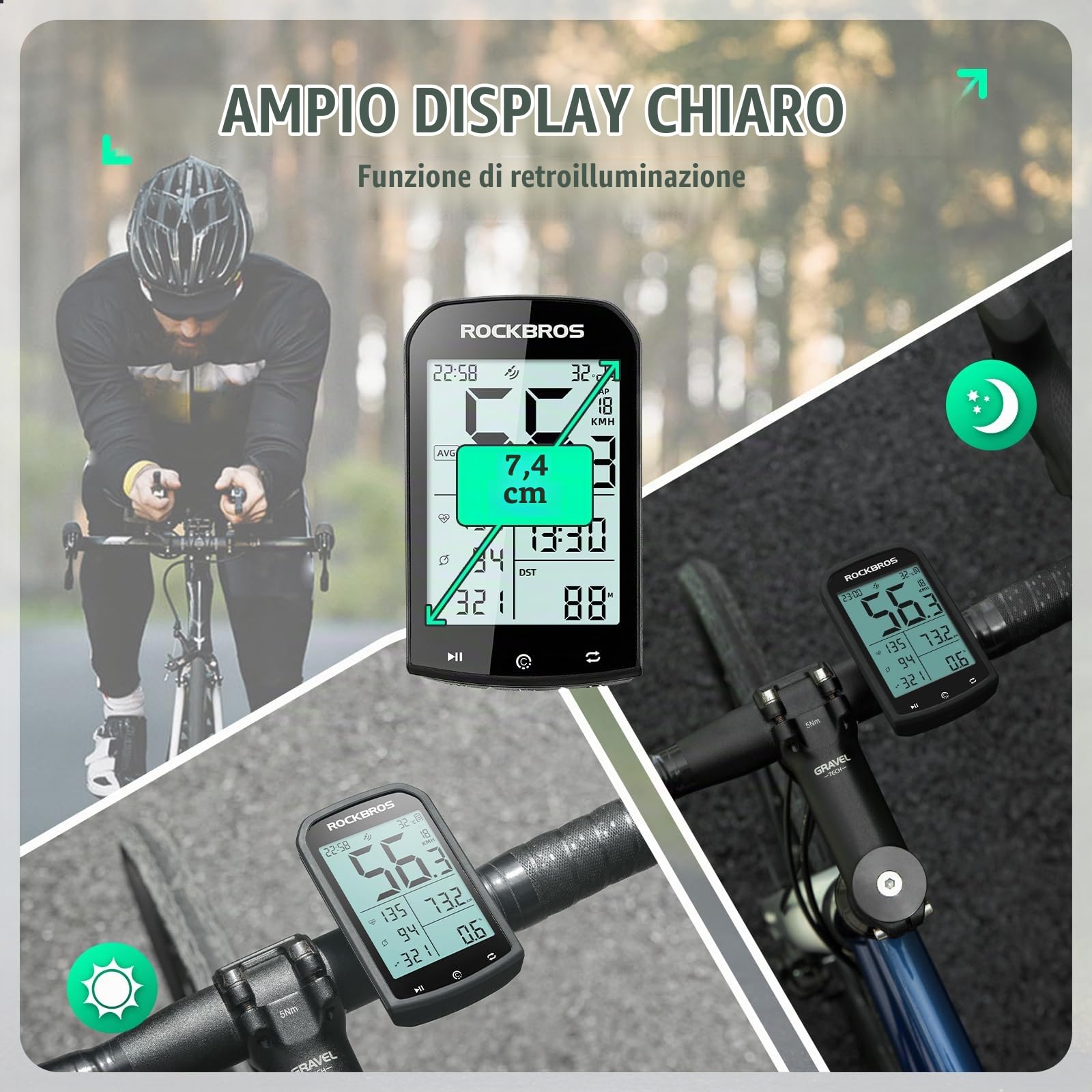 ROCKBROS Ciclocomputer Gps Sensibile Wireless Bici, Contachilometri per Bicicletta MTB, ANT+ Bluetooth 5.0, Impermeabile IPX6, Type-C Ricaricabile, Display 2,9 pollici, con Supporto