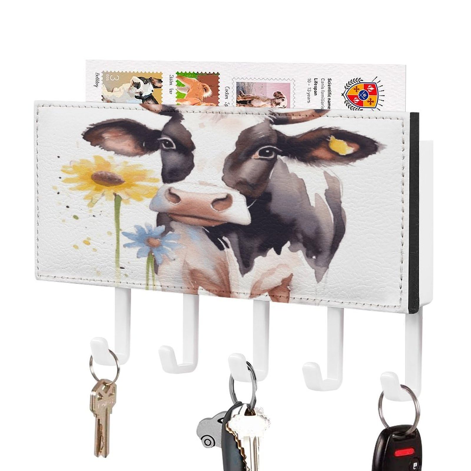 FekiLoot Watercolor Cow and Daisy Flower Key Holder for Wall Decorative Mail Organizer with 5 Key Hook Self Adhesive Key Rack with Tray Coat Rack Wall Mount Key Hanger Decor for Entryway Door