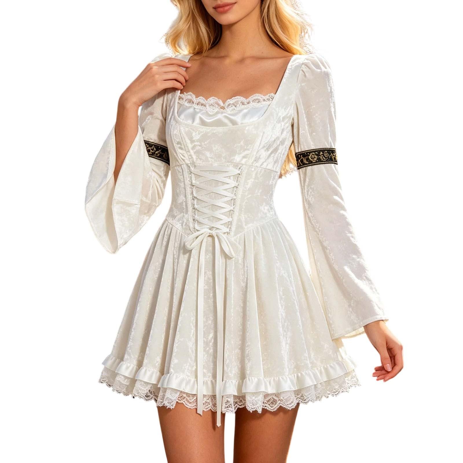 Damen Trachtenkleid Dirndlkleid Midi mit Dirndlschürze Trachtenmode Oktoberfest Outfit mittelalterliches Kleid Korsett für Clubnacht Party Auftritt Halloween Carnaval