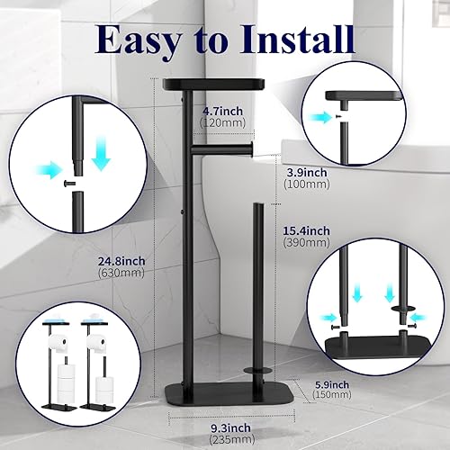 Miniatura 10 de Kitsure Soporte de papel higiénico de pie – Soporte de papel higiénico de metal inoxidable para 4 rollos con base antideslizante y estante para Negro