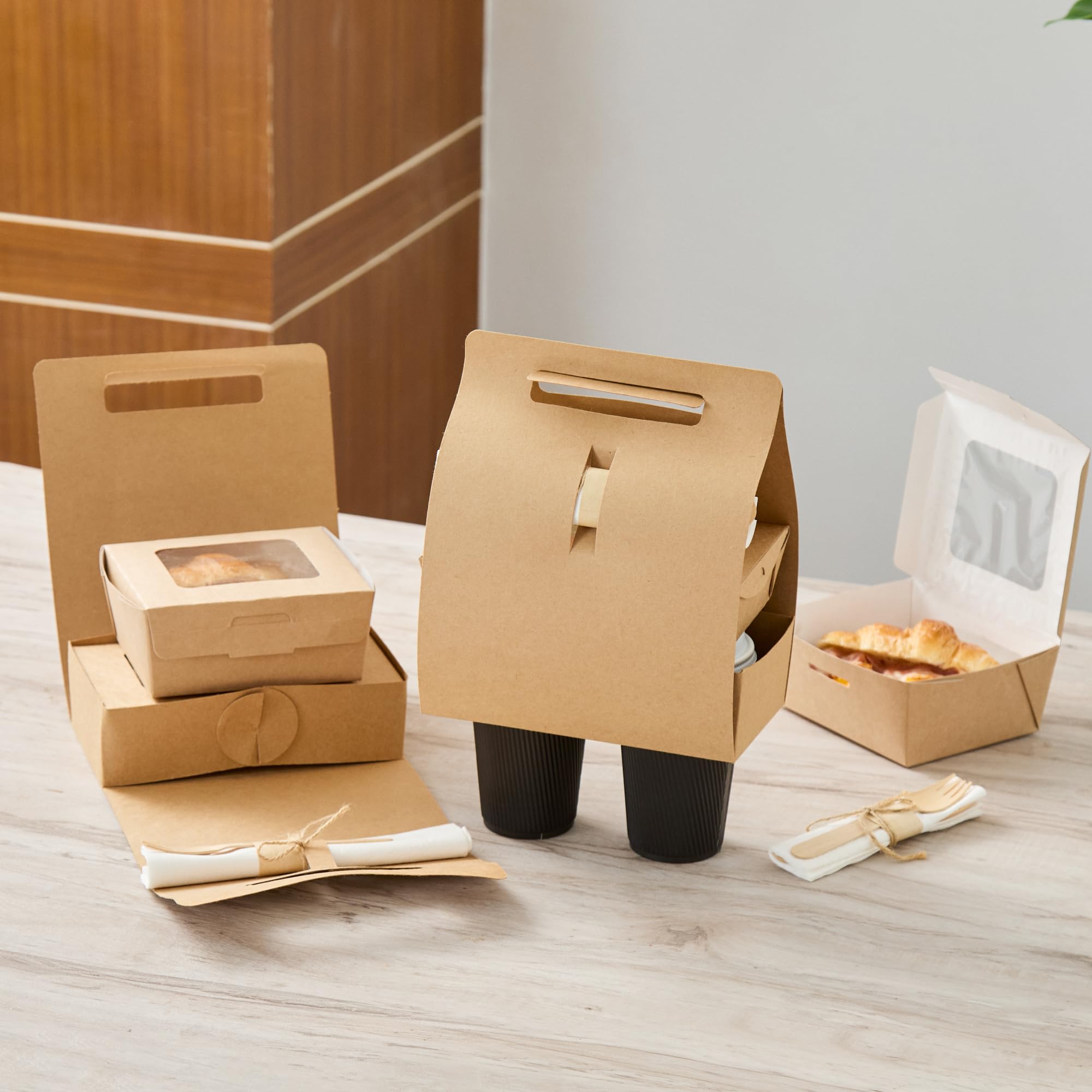Restaurantware Bio Tek - Fiambreras de papel con asas, 100 recipientes desechables de papel kraft para alimentos, 21 x 10 x 20 cm, portavasos para utensilios de cocina, portadores de bebidas para
