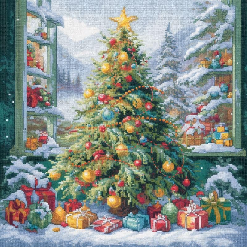 Image of Shiny Christmas Tree 11ct Counted Cross Stitch Kits Color Printed Stamped Cross-Stitch Supplies Needlework Printed Embroidery Kits DIY Kits Needlepoint Starter Kits 50x50cm(h3)