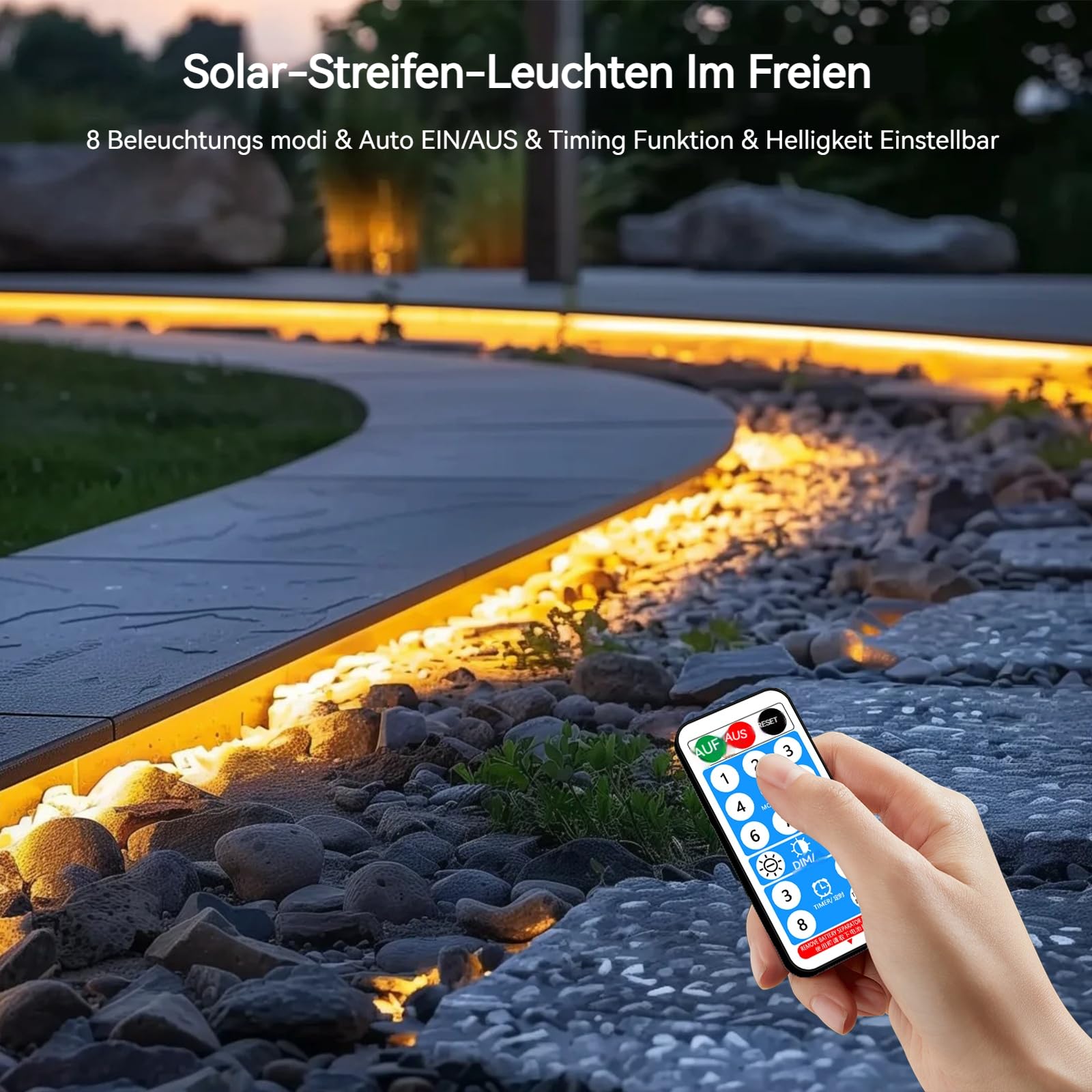 6M Solar LED Strip Lights Outdoor Waterproof with Self Adhesive, 8 Mode with Remote Timer, Perfect for Deck, Patio, Pathways, Camping Decor, Warm White