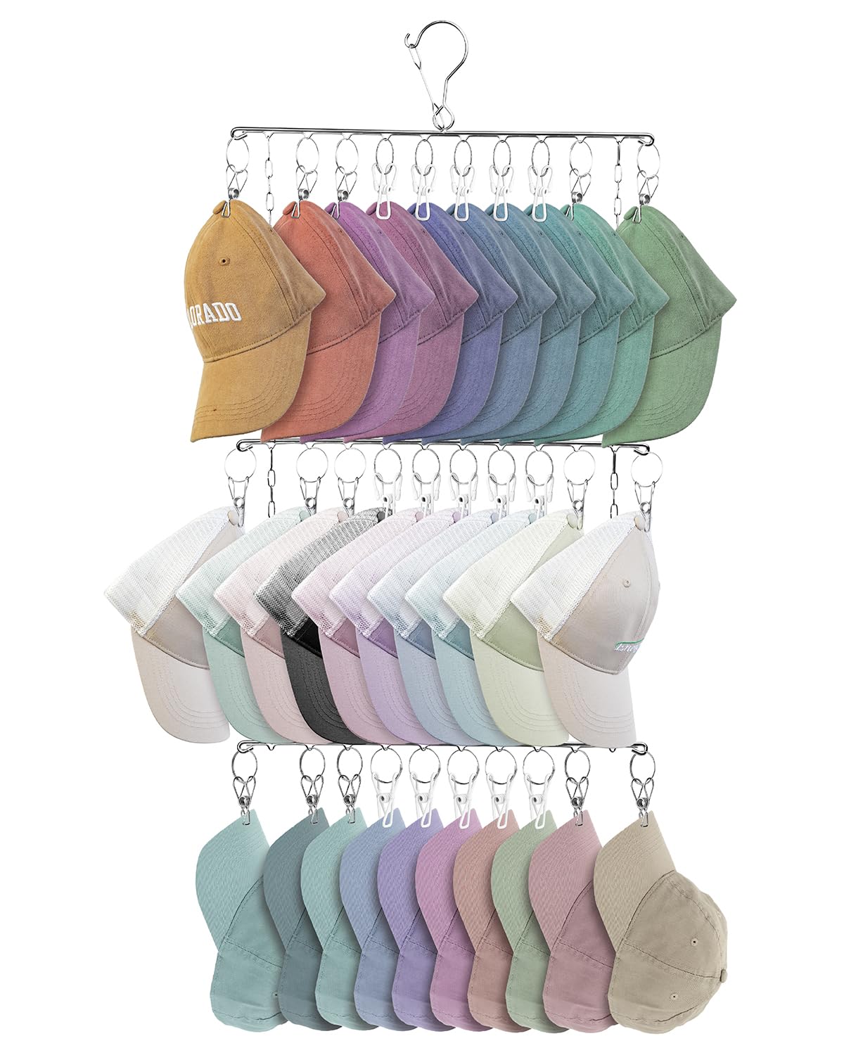 Gumilyo Hat Organizer, Stainless Steel Hat Hangers for Closet with 30 Clips (Include 15 Heavy Duty Clips), Hat Rack Hat Storage for Baseball Caps, Fits All Caps, Silver