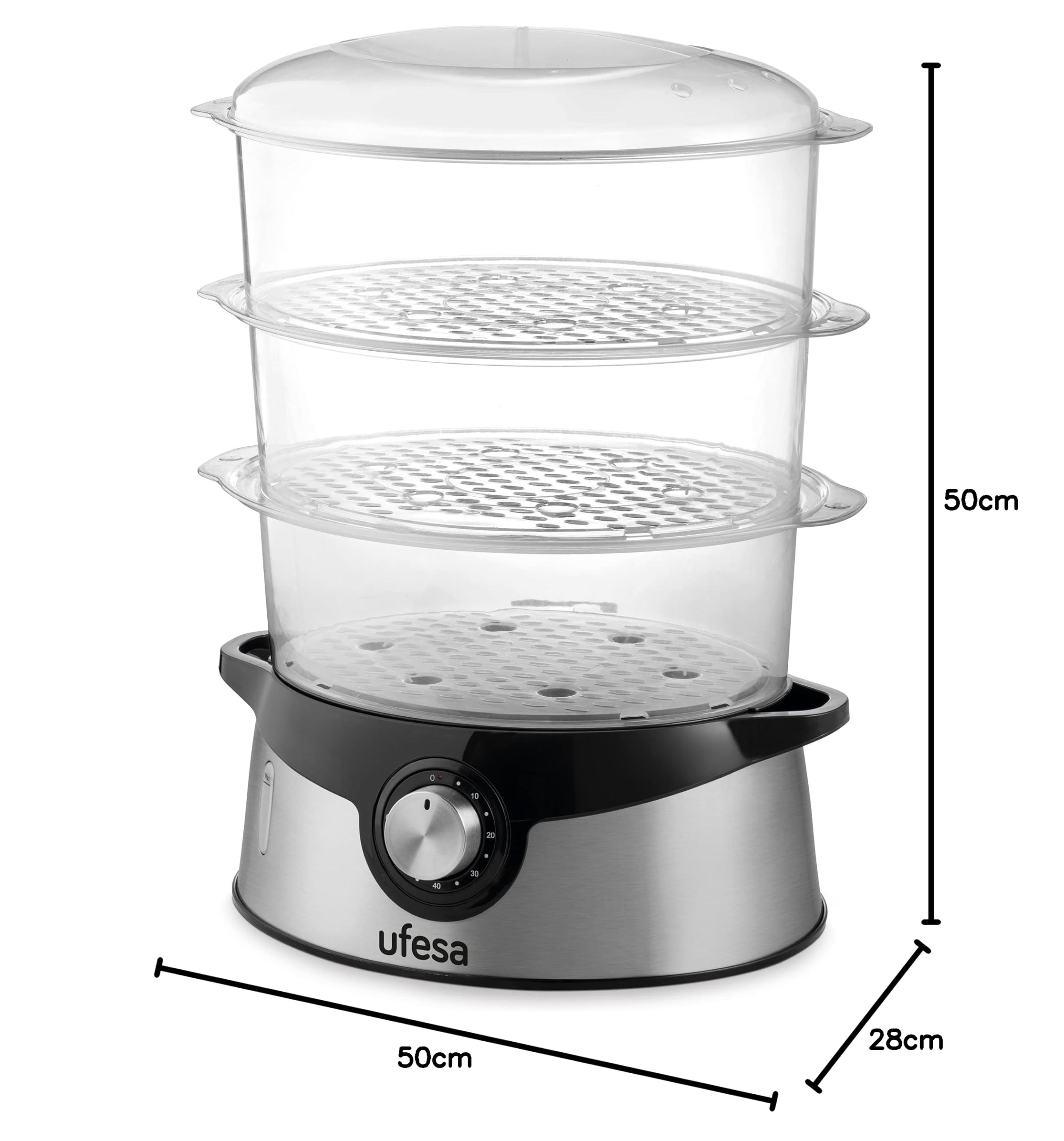 Ufesa CV4000 Vaporera Eléctrica 800W, 3 Bandejas Apilables, Capacidad 9L, Temporizador de 60min, Incluye Cuenco 1L para Arroz, Sin BPA, Inox