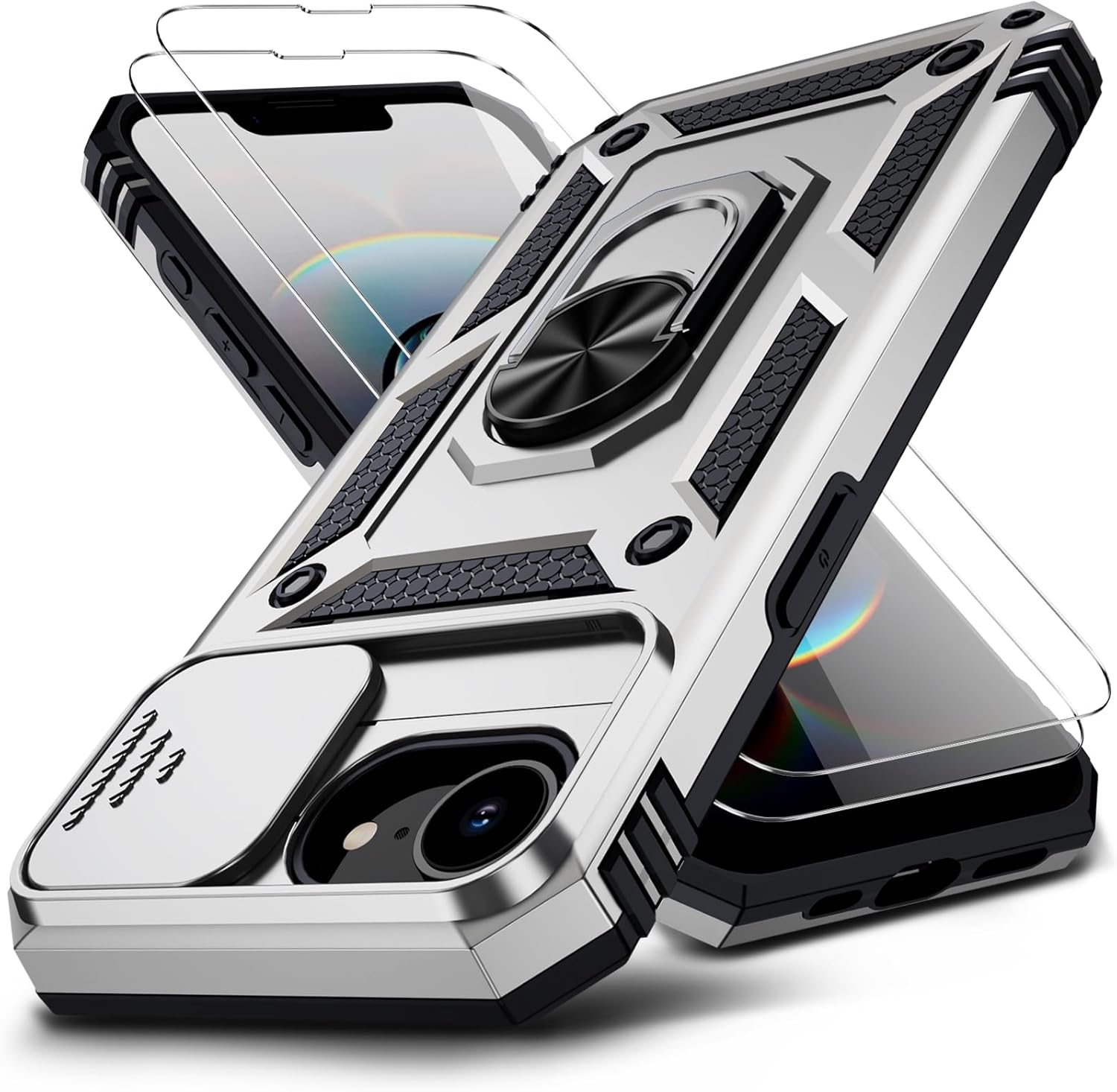 for iPhone 16e Case with 2X HD Screen Protector & Slide Camera Cover & Rotated Ring Kickstand, [Military-Grade] Rugged Heavy Duty Protective Phone Case for iPhone 16e 6.1 inch, Silver