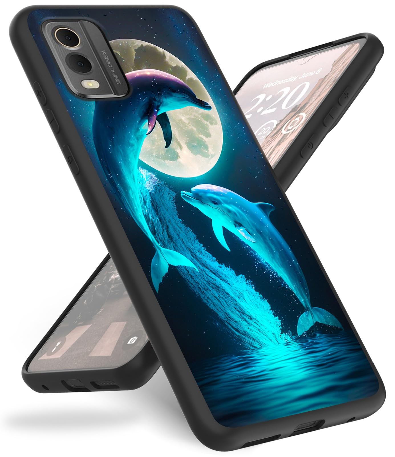 Case for Nokia C32 Phone Case 6.5",Slim Anti-Scratch Shockproof Durable Black Silicone Protective Cover Case for Nokia C32 2023,Cute Dolphins and Moon