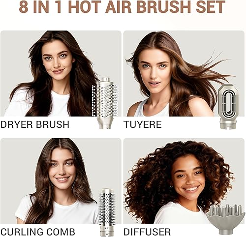 Miniatura 2 de Moldeador de Aire Caliente 8 en 1 de Doble Voltaje y Cepillo Secador de Cabello con Accesorios Alisador y Rizador, 110,000 RPM Secado Rápido Iónico
