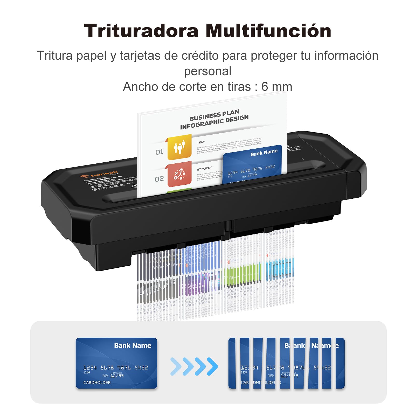 Bonsaii Destructora de Papel de 6 Hojas con Corte en Tiras para Oficina en casa, con trituración de Tarjetas de crédito, Nivel de Seguridad P-2, Apta para Botes de Basura de 31,5–39,5cm, S125-A