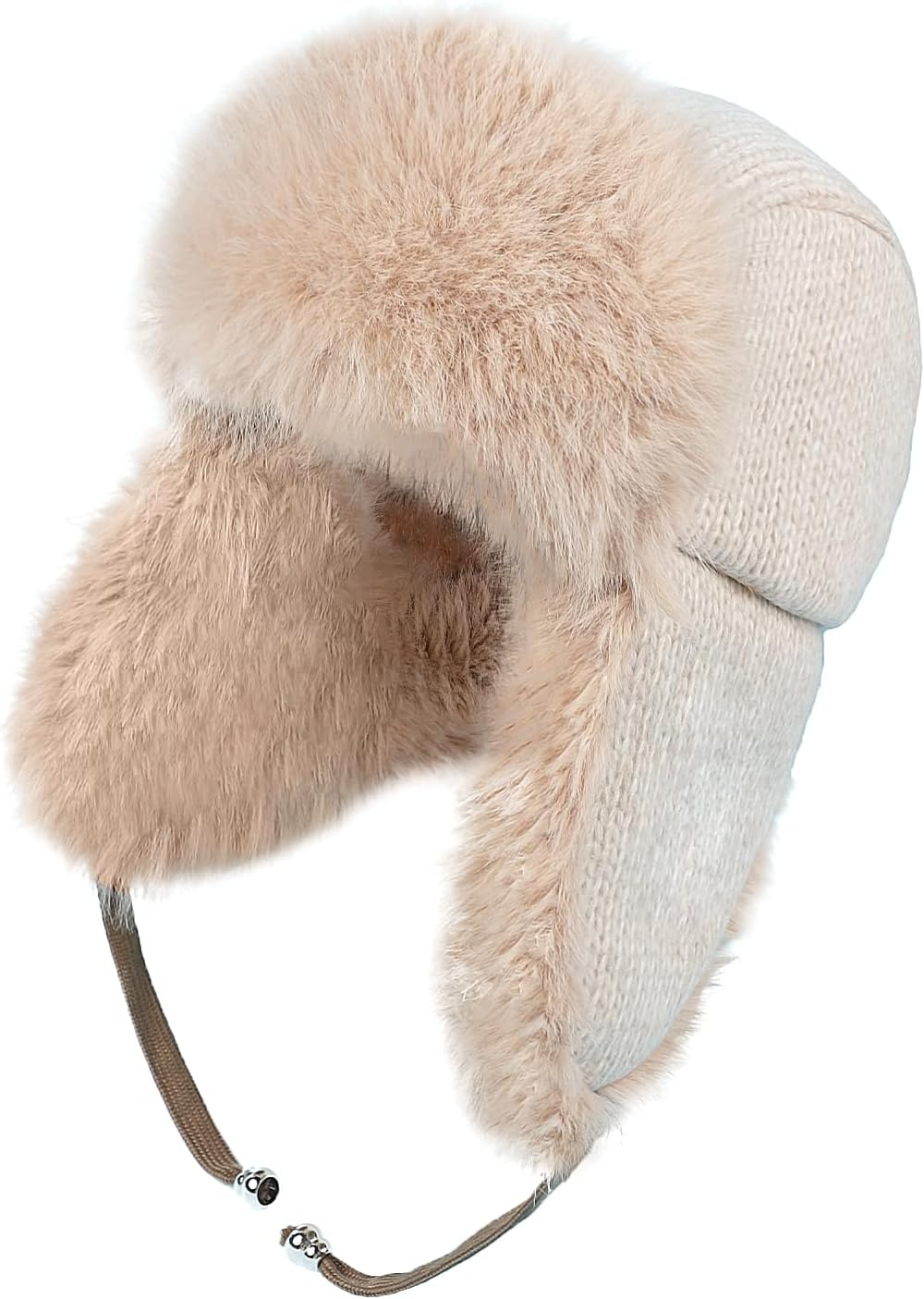 Women's Faux Fur Trapper Hat with Ear Flaps, Thermal Fleece Lined Winter Hat for Ski, Knitted Ushanka Cap for Cold Weather