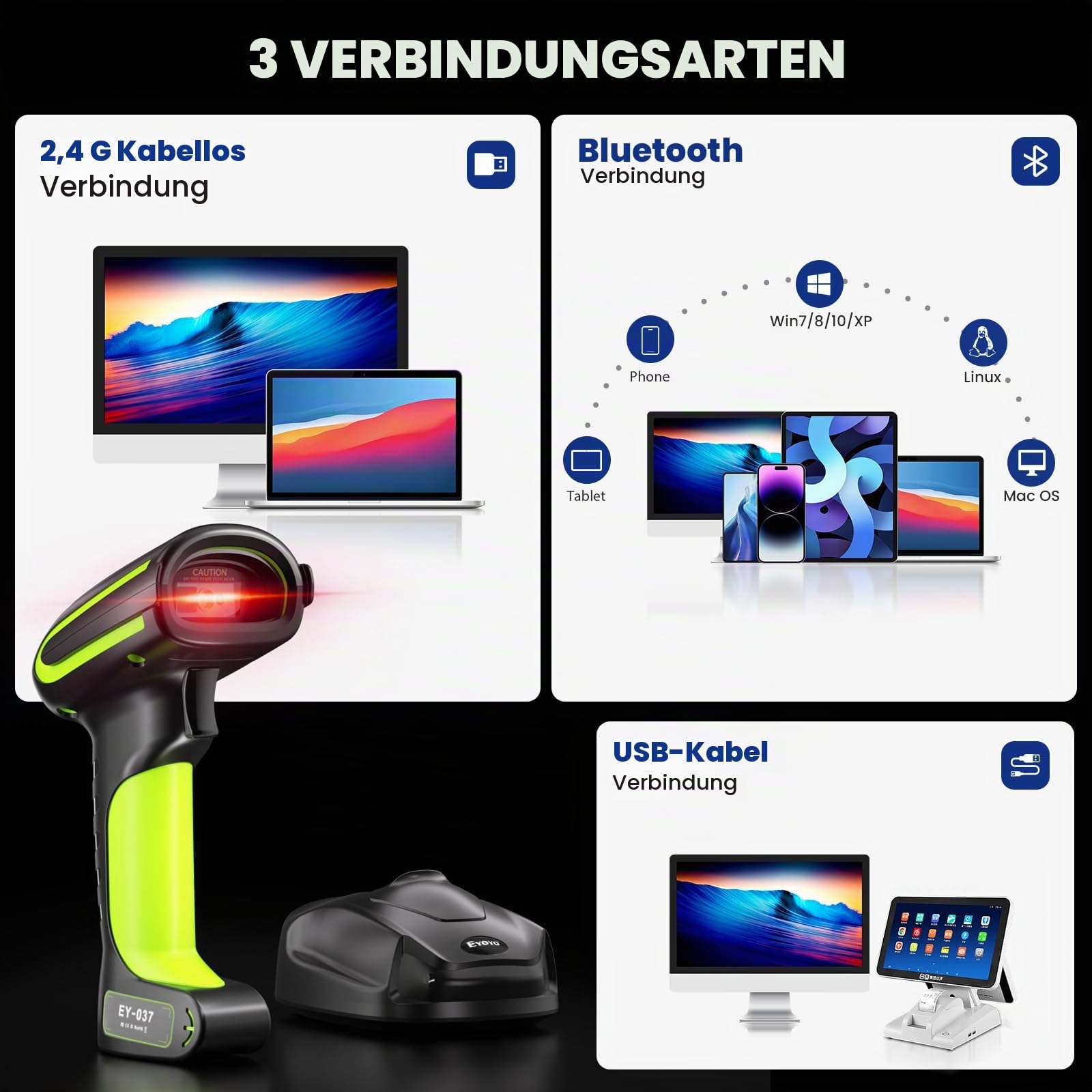 Eyoyo 2D QR Industrie Barcode Scanner Kabellos mit Kabelloser Ladeständer, Robuster, Strapazierfähiger, IP65 Wasserdichter 3-in-1 Barcodeleser mit Bluetooth, Wireless, USB für Laptop,Tablet, Android