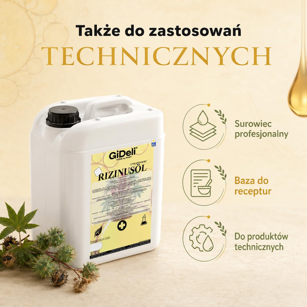 GiDeli Olej rycynowy tłoczony na zimno 10 l – czysty olej rycynowy w Ph. Eur. Jakość do włosów, rzęs i skóry – nierafinowany olejek pielęgnacyjny jako baza do kosmetyków naturalnych DIY – nie zawiera