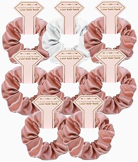 Satin Bridesmaid Scrunchies Bachelorette Hair Ties Set of 8 Bridal Shower No Damage Hairties ideas Gift for Wedding Party Favors Bridesmaid Proposal Gifts (8pcs White&Rose Gold)
