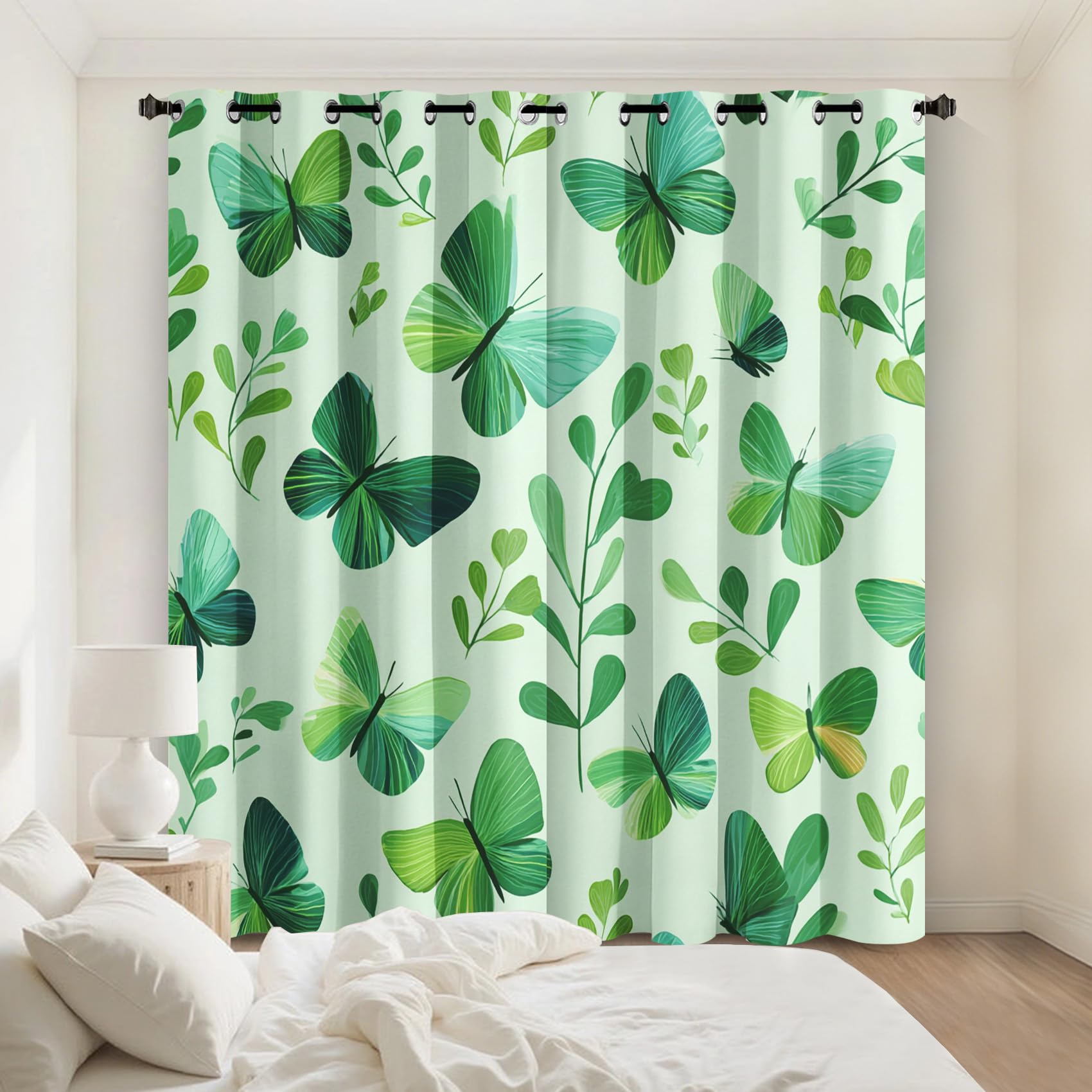 Rideau occultant papillon vert avec motif feuilles botanique draperies intérieures oeillets lot 2
