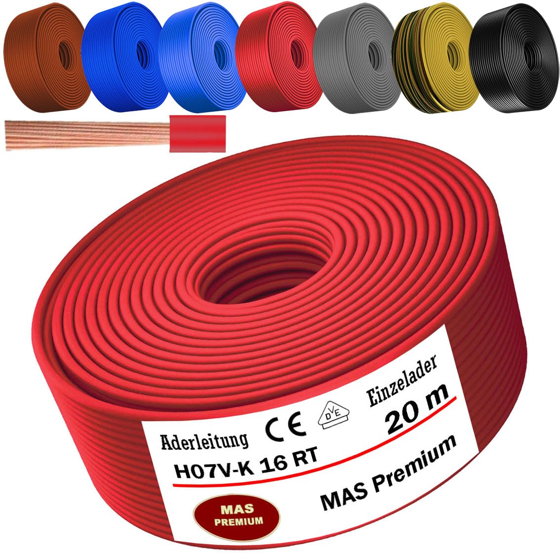 MAS Premium Von 5 bis 100m Aderleitung H07 V-K 16 mm² Schwarz Braun Dunkelblau Grüngelb Grau Hellblau Orange oder Rot Einzelader flexibel (Rot, 20m)