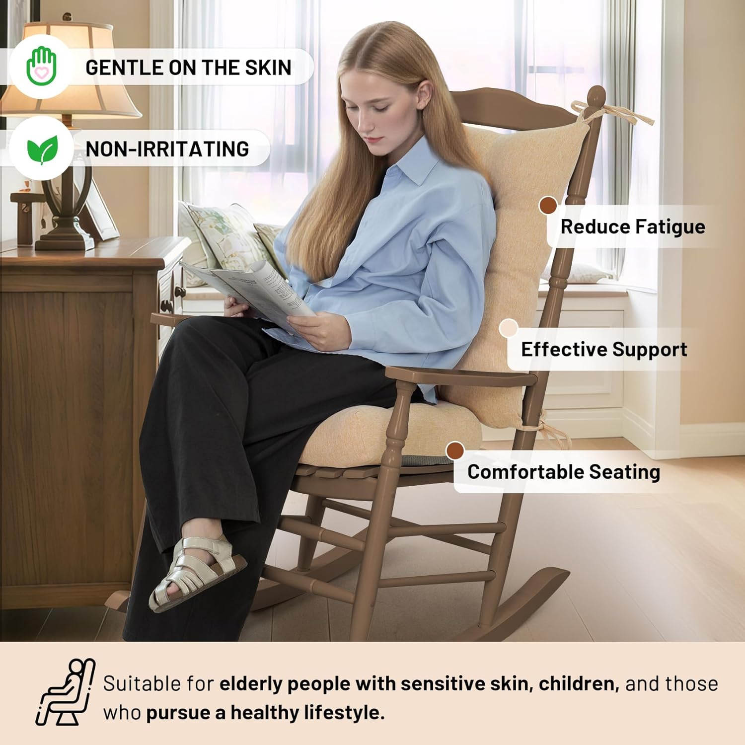 Lokex Rocking Chair Cushion 4 Inch Extra Thick, Cushions for Rocking Chairs Set of Seat and Back with Ties, Linen Fabric Indoor Outdoor Rocker, 17x21 & 17x17 Inches (Khaki)