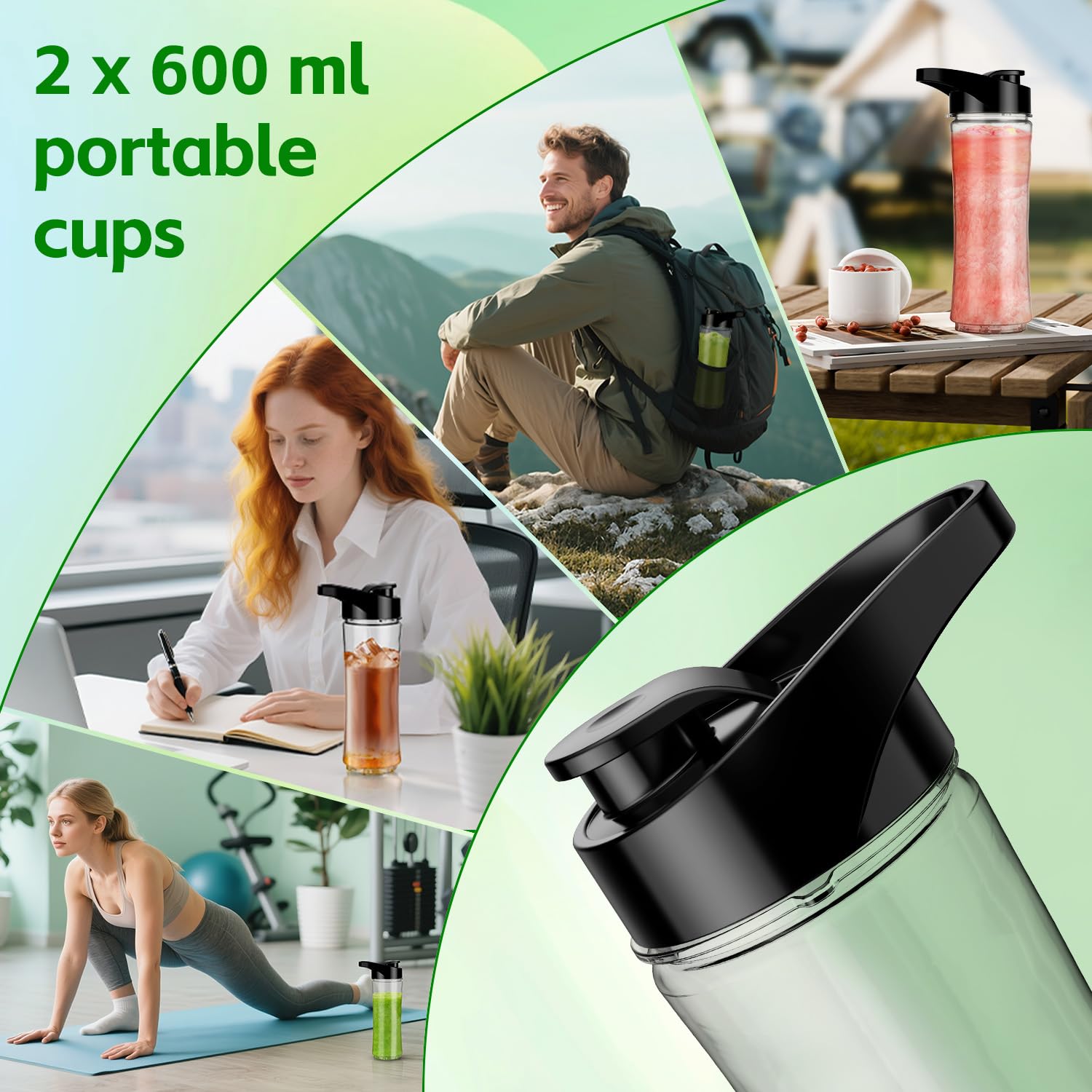 Kitcanis Mini Batidor 3 en 1, Batidora Eléctrica 800 W, 3 Velocidades Ajustables, 2 Botellas Portátiles de 600 ml y 300 ml para Helado, Frutas, Verduras, Nueces