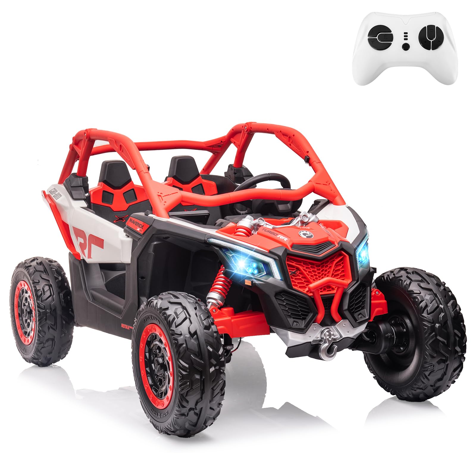 2 Seats Ride on UTV with Remote Control for Kids, 2 * 24V Batteries 4 * 200W Motors Licensed by CAN-AM UTV,23" Seats Width Electric Vehicle, EVA Wheels,Music,Head+Tail Light,Max Load 130LBS,Red