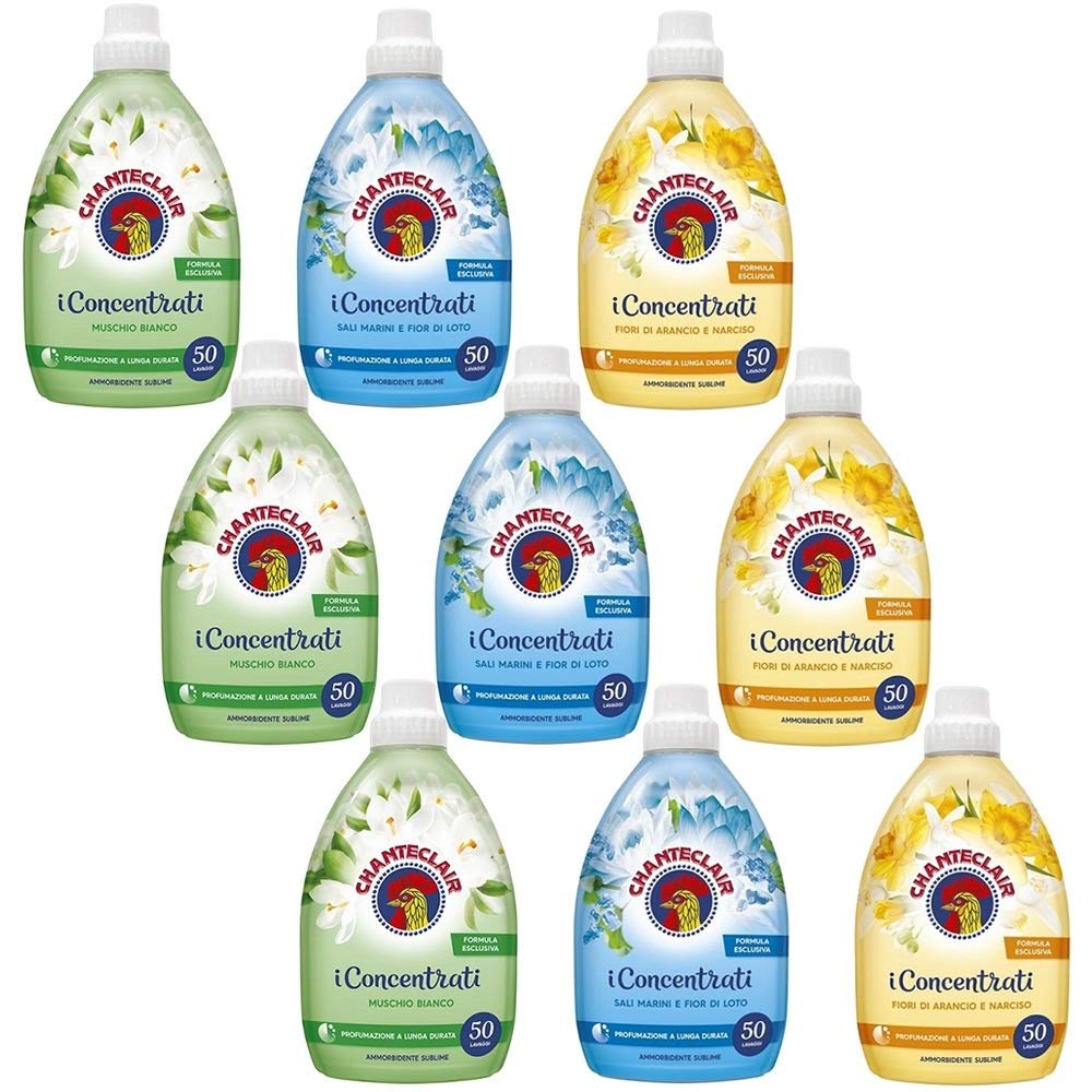 Chanteclair Lot de 9 Flacons d'Adoucissant Concentré Parfum Longue Durée 50 Lavages 1000 ml - 3 x Sels Marins et Fleur de Lotus, 3 x Fleurs d'Oranger et Narcisse, 3 x Musc Blanc