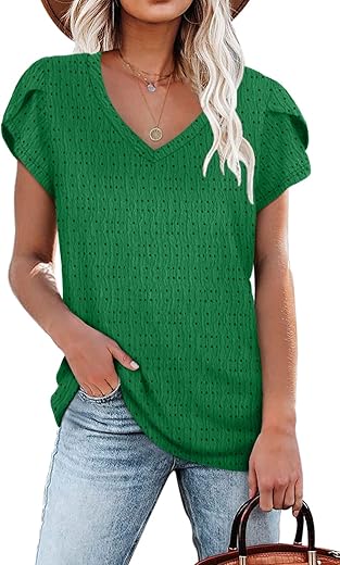 WIHOLL Women’s V Neck Eyelet Petal Sleeve Top