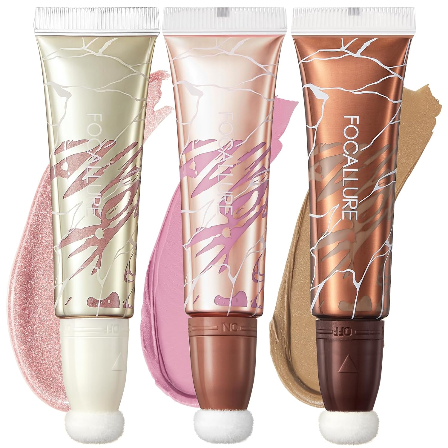 FOCALLURE 3 PCS Liquid Contour Stick,Moisturizing Highlighter,Blush and Bronzer,Silky Cream Contouring Pen with Soft Cushion Applicator,Long Lasting Face Illuminator Makeup,Morning Whispers