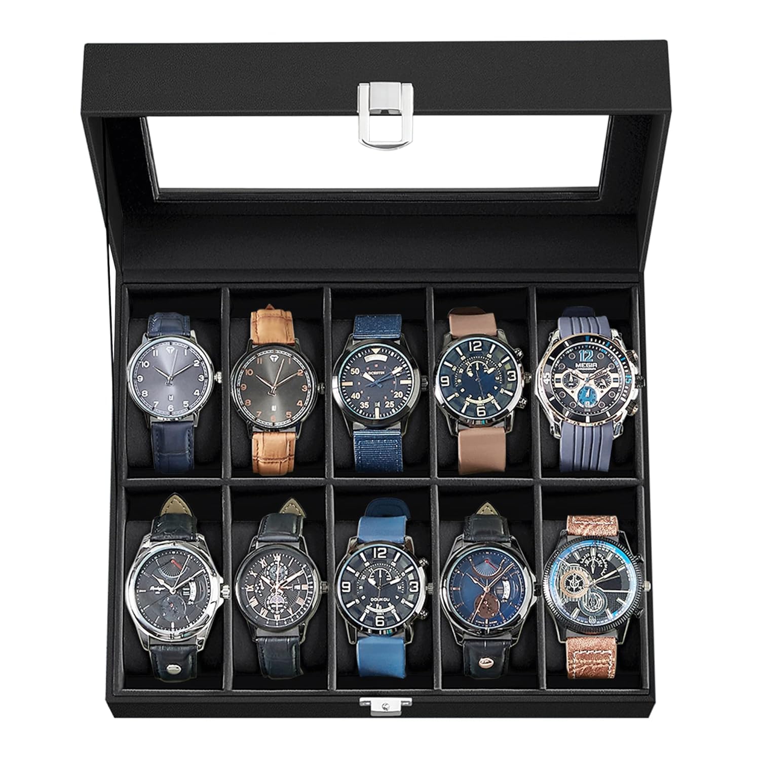 Sknd Watch Box with Slots, Watch Case with Glass Lid, Watch Display Box with Removable Watch Pillows, Metal Clasp, Gift Idea, Black Synthetic Leather, Greenish Beige Lining (10 Slots) (B0CTTNBWCZ) Amazon Price History, Amazon Price Tracker