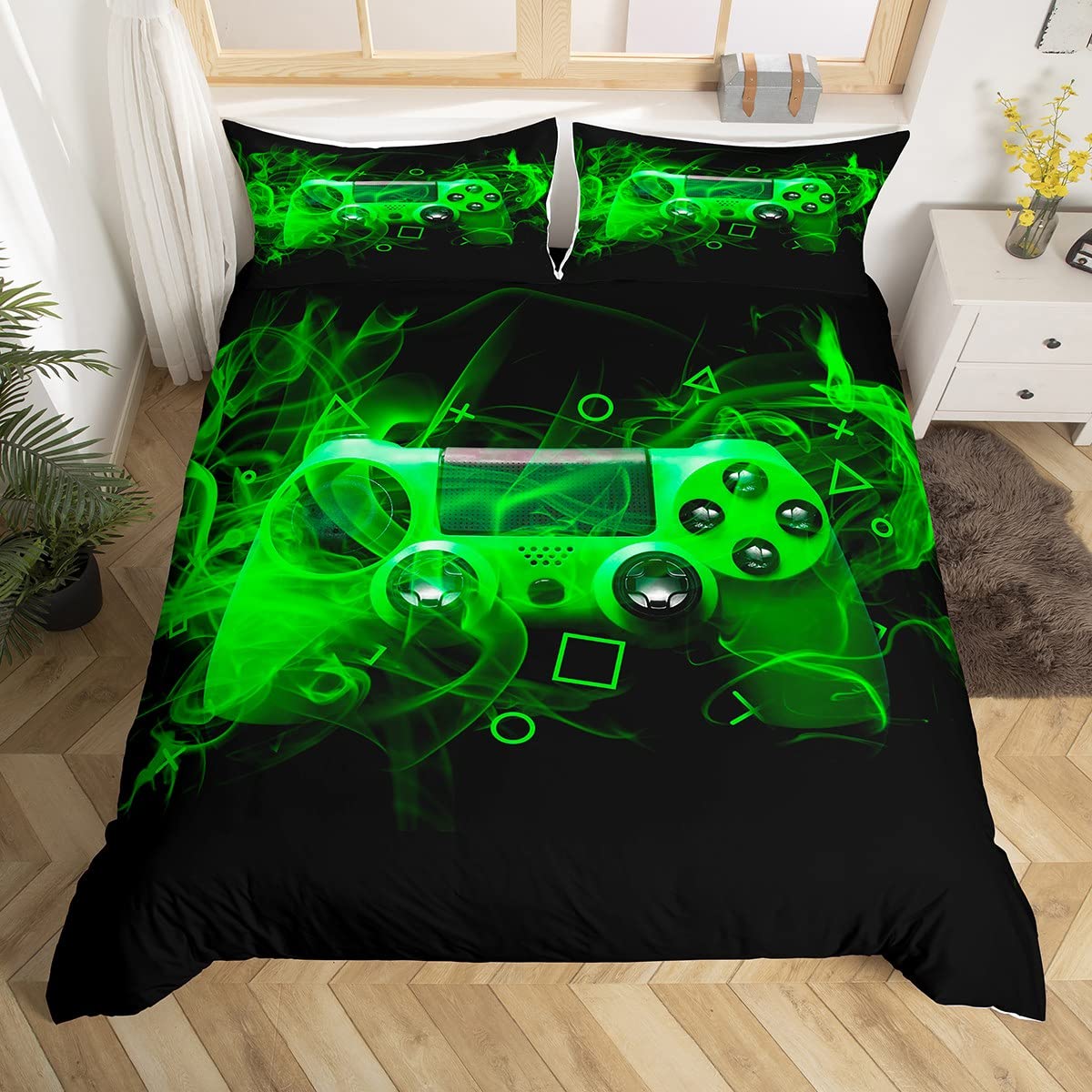 Youth Gaming Bedding Set Kids Gamer Duvet Cover for Boys Girls Game Controller Comforter Cover Teens Modern Games Console Action Buttons Bedspread Cover Room Decor Double Size Green Black