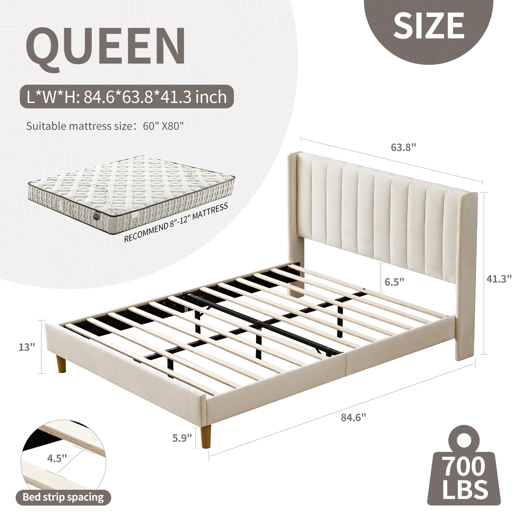 YUHUASHI upholstered Platform Bed Frame/Queen Bed Frame/Modern Geometric Double-Wing Design headboard/Velvet Fabric/Easy to Assemble no Noise (Cream, Queen (U.S. Standard))