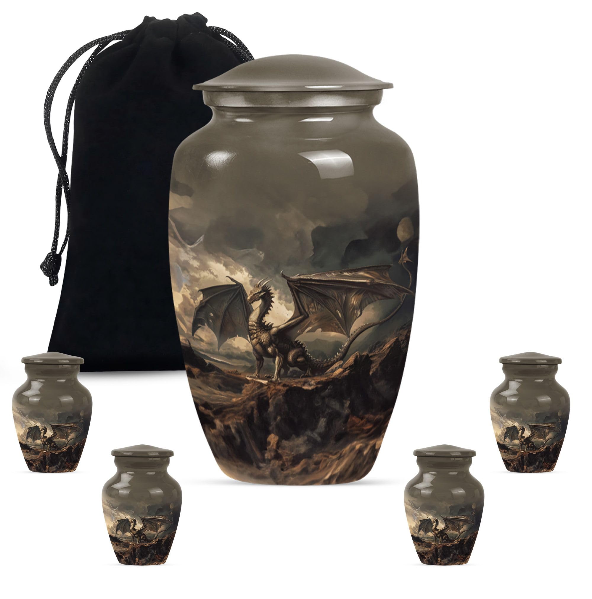 YATHABHISA Dragon Urn, Combo of 1 Large Urn with Velvet Bag and 4 Small - Cremation Urns - Funeral Urn - Burial Urn - Unique Urns - Decorative Urns for Mom & Dad - Urns for Human Ashes Adult, Black